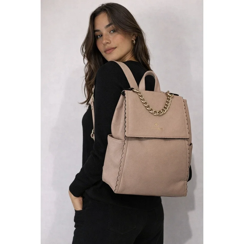 Nanette Lepore Blush Pink Scalloped Vegan Leather Backpack Gold Chain‎ Accent